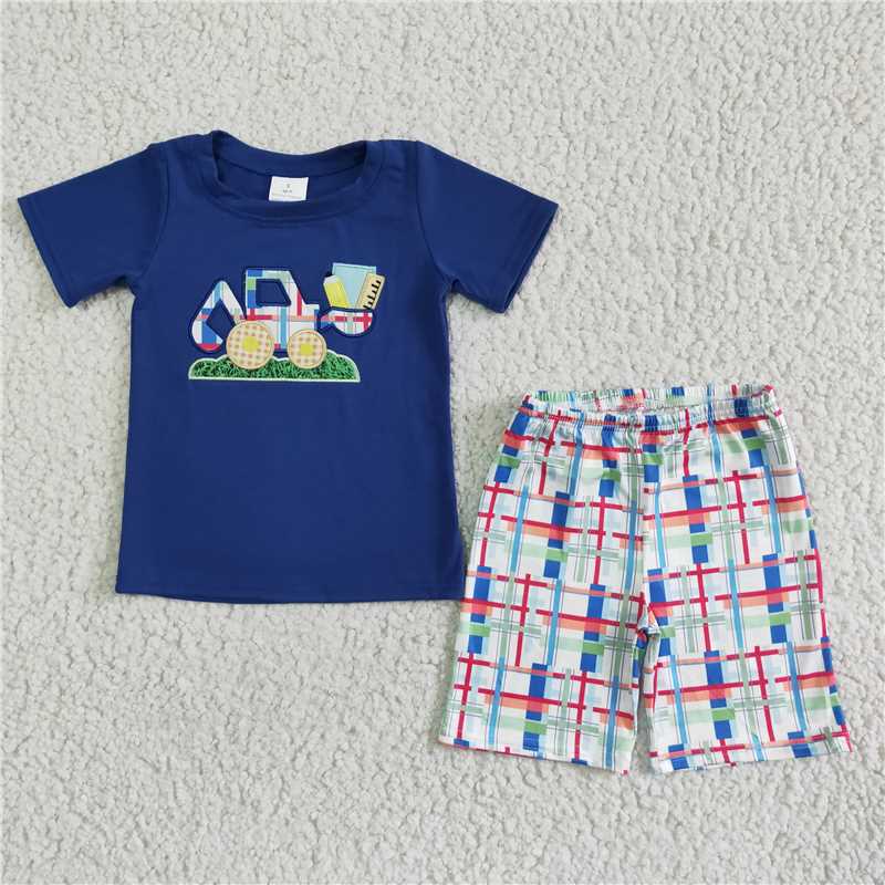 BSSO0051 Baby Boy School Bus Embroidery Shorts Outfit