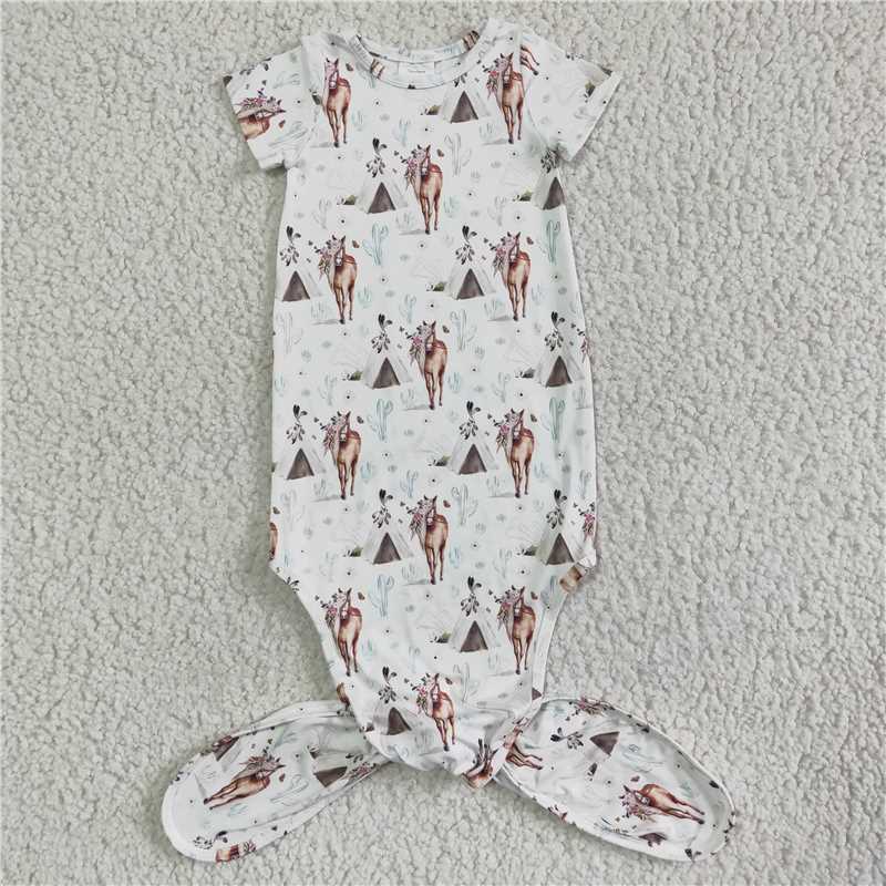 NB0011 Knotted Baby Newborn Gown Western Horse Romper