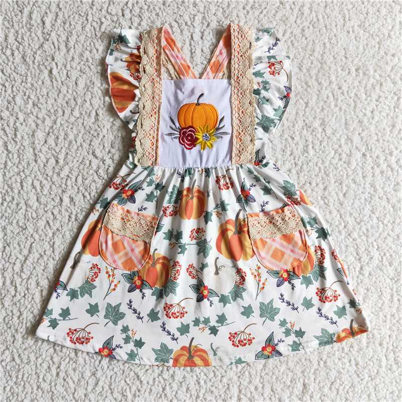 GSD0146 Baby Girl Thanksgiving Embroidery Pumpkin Pocket Dress