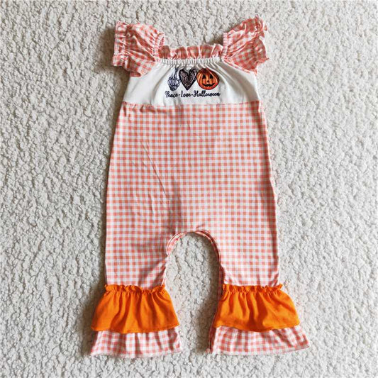 SR0092 Baby Girl Halloween Pumpkin Plaid Romper