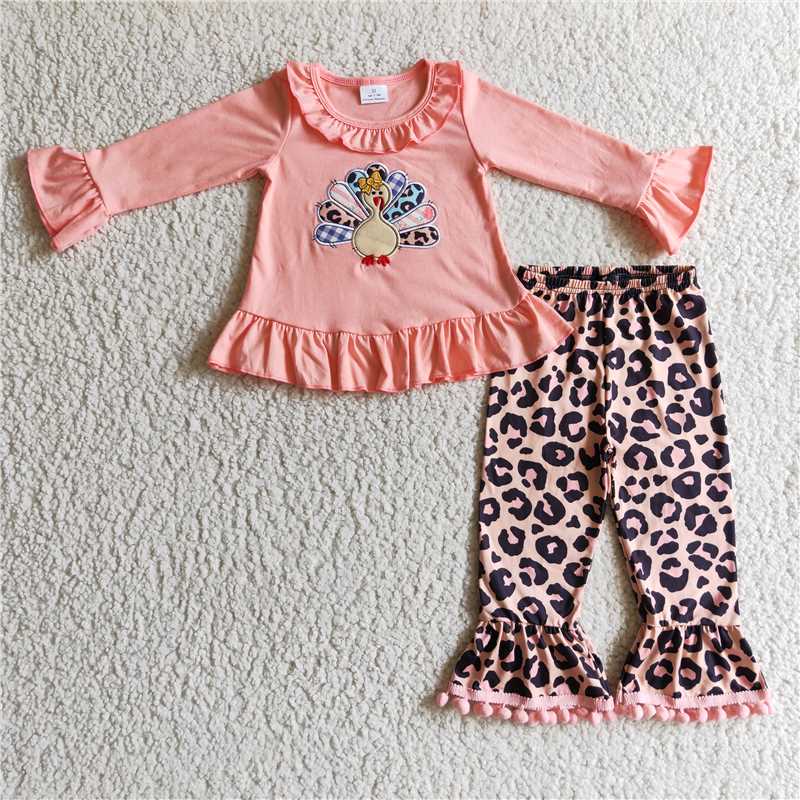 GLP0203 Baby Girl Kids Embroidey turkey Leopard Pants Outfit