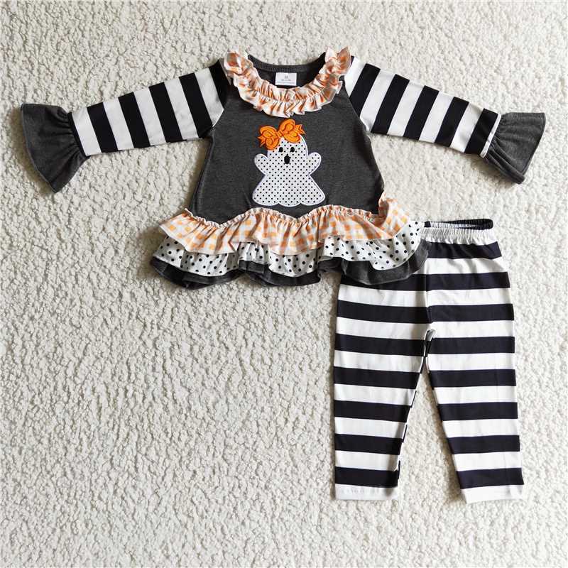 GLP0180 Baby Girl Halloween Embroidery Ghost Striped Pants Grey Outfit