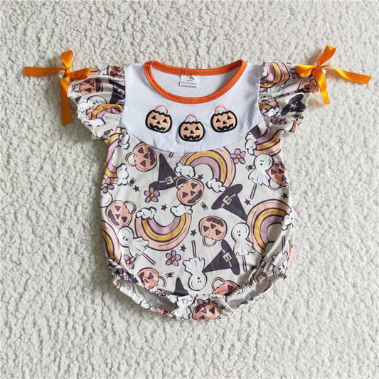 SR0086 Baby Girl Halloween Embroidery Pumpkin Romper