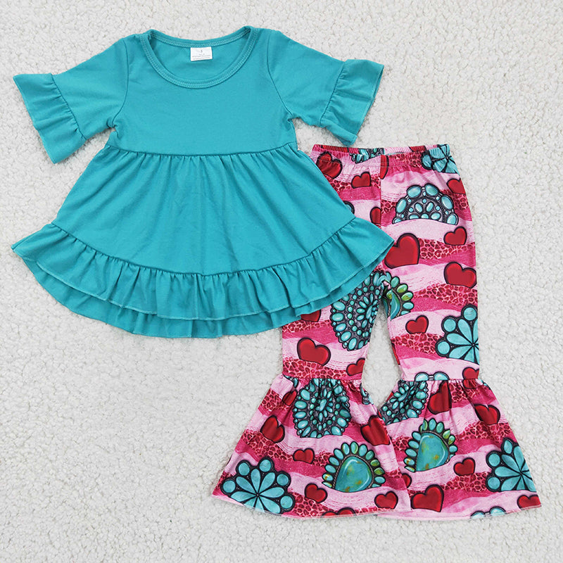 GSPO0237 Baby Girl Cotton Tunic Turquoise Heart Pants Valentine's Outfit