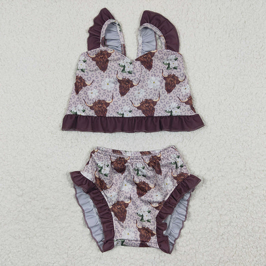 S0103 Baby Girl Western Leopard Cow Flower Bathing Suit Swimsuit Summer Outfit