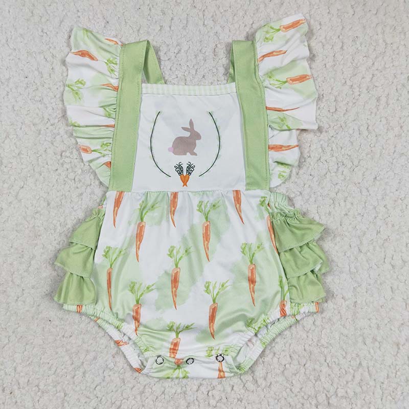 SR0112 Baby Girl Easter Bunny Rabbit Carrot Bubble Green Romper