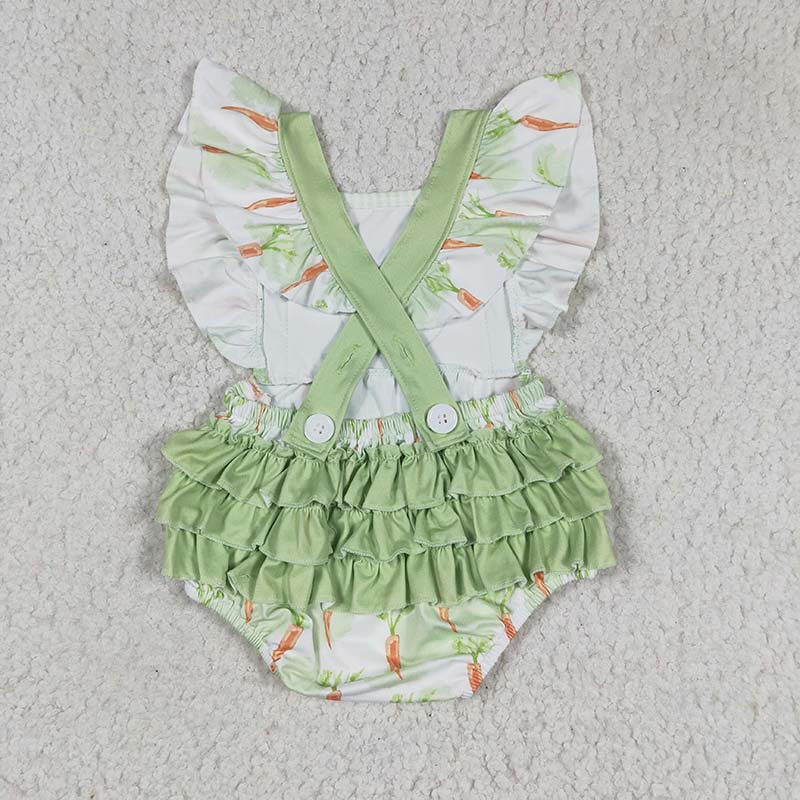 SR0112 Baby Girl Easter Bunny Rabbit Carrot Bubble Green Romper