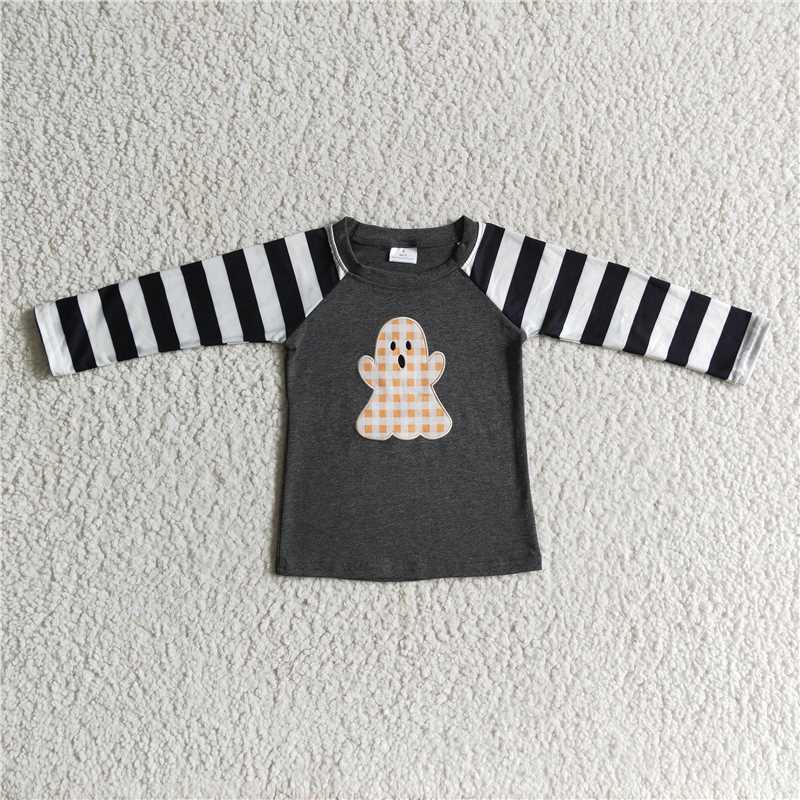 GLP0180 Baby Girl Halloween Embroidery Ghost Striped Pants Grey Outfit