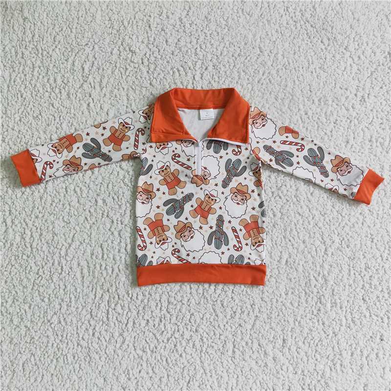 BT0068 Western Christmas Ranta Gingerbread Cactus Zipper Baby Kids Shirt