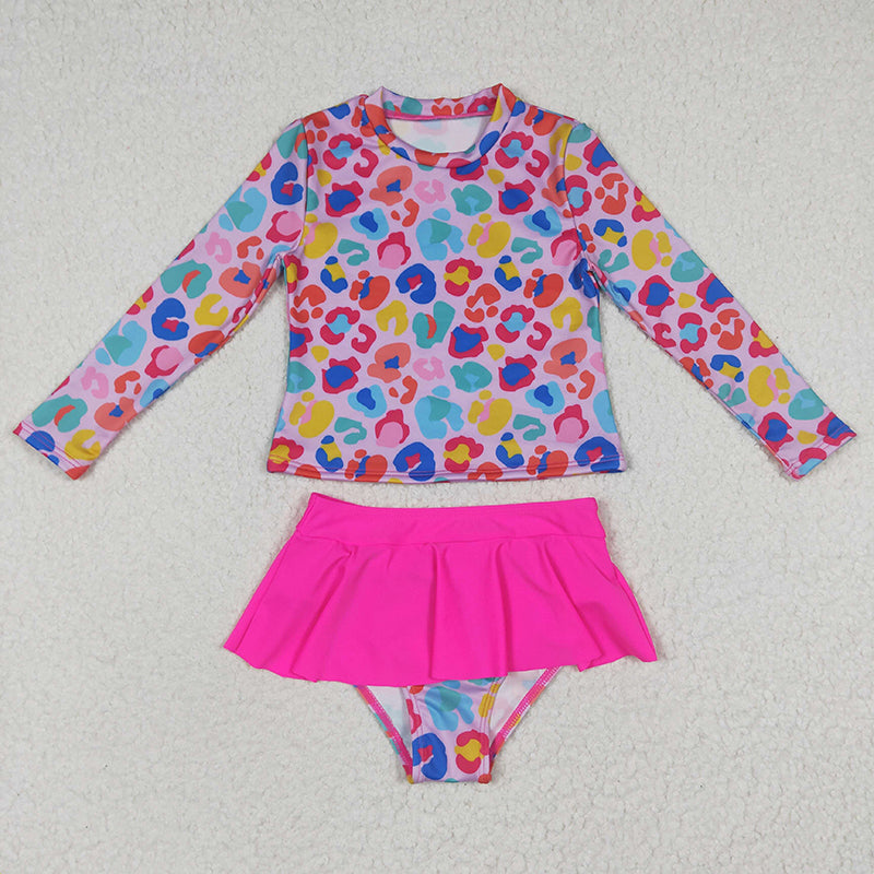 S0062 Baby Girl Long Sleeves Leopard Swimsuit Skirt Shorts Summer Outfit