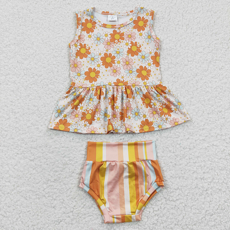 GBO0106 Baby Girl Floral Top Striped Bummie Outfit