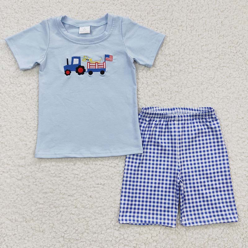 GSSO0206 Baby Girl July 4th Short Sleeves Dog Tractor Embroidery Shirt Ruffle Shorts Summer Outfit