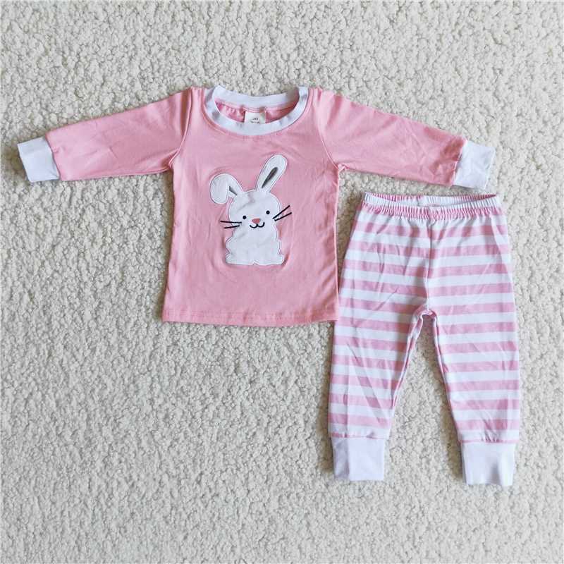 Easter Baby Girl Embroidery Rabbit Bunny Pink Stripe Pants Pajamas Outfit