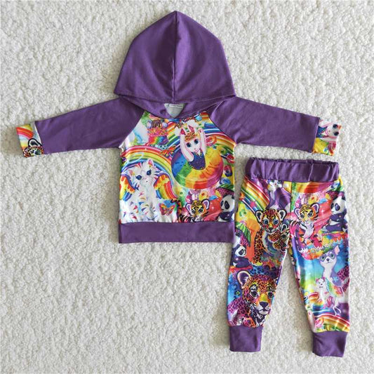 6 B11-3 Baby Girl Purple Rainbow Tiger Hoodie Set