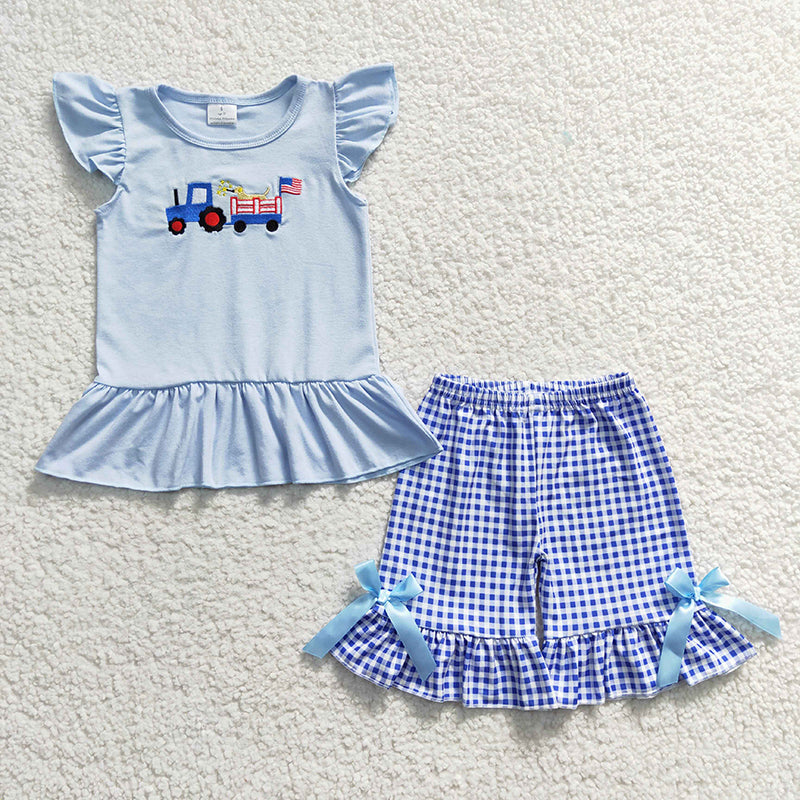GSSO0206 Baby Girl July 4th Short Sleeves Dog Tractor Embroidery Shirt Ruffle Shorts Summer Outfit