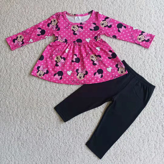 6 B1-1 Baby Girl Mouse print tunic black leggings Outfit