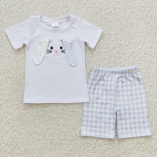 BSSO0090 Baby Boy Easter Embroidery Rabbit Plaid Shorts Outfit