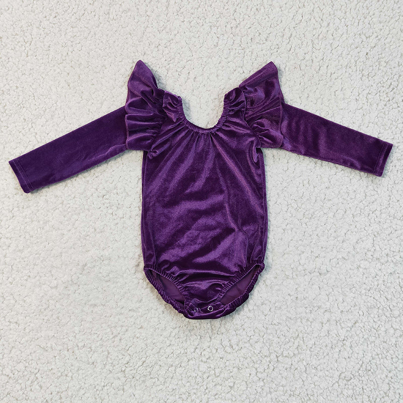 LR0211 Baby Girl Purple Velvet Long Sleeve Leotard Romper