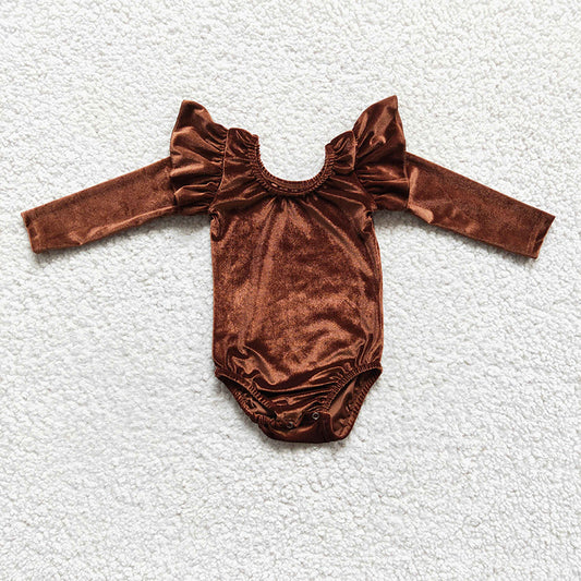 LR0207 Baby Girl Brown Velvet Long Sleeve Leotard Romper