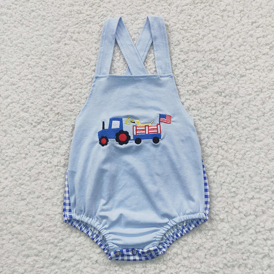 SR0273 Baby Boy July 4th Summer Tractor Dog Romper