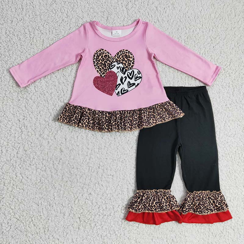 GLP0385 Baby Girl Valentine's Leopard Heart Kids Ruffle Pants Outfit