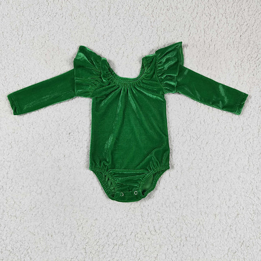 LR0212 Baby Girl Green Velvet Long Sleeve Leotard Romper