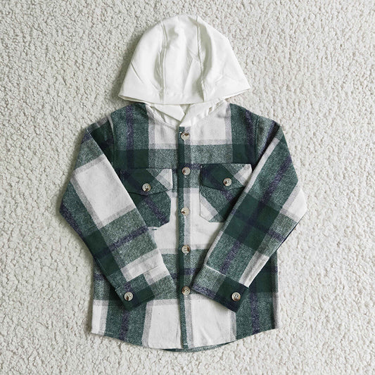 BT0075 Baby Boy Green plaid cotton shirt pocket flannel button up hoodie