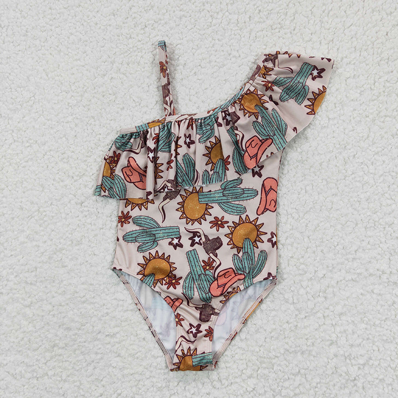 S0034 Baby Girl Western Cow Cactus Summer Swimsuit One Piece