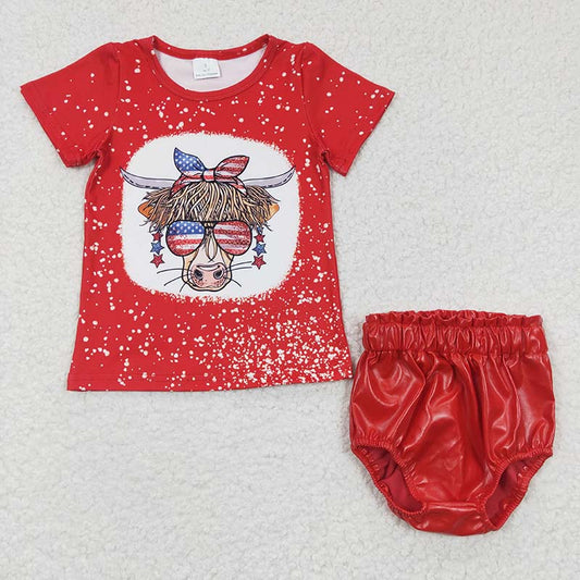 July 4th Western Cow Baby Girl Short Sleeves Shirt Red Leather Bummie Summer Outfit