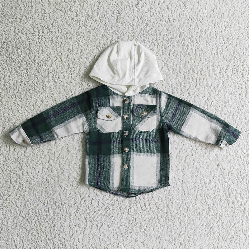 BT0075 Baby Boy Green plaid cotton shirt pocket flannel button up hoodie