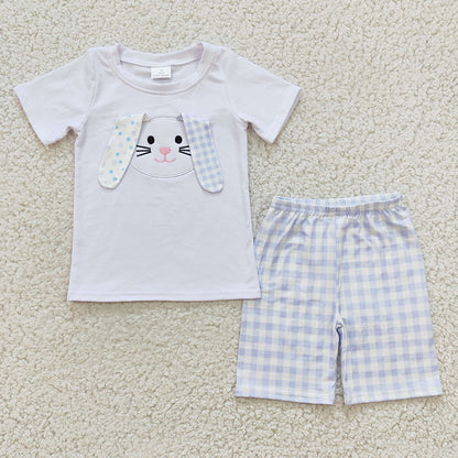 GSSO0128 Baby Girl Easter Embroidery Rabbit Plaid Shorts Outfit