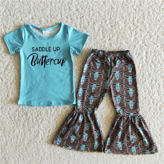 Western Baby Girl Bell Pants Green Cow Leopard Bell Pants Set