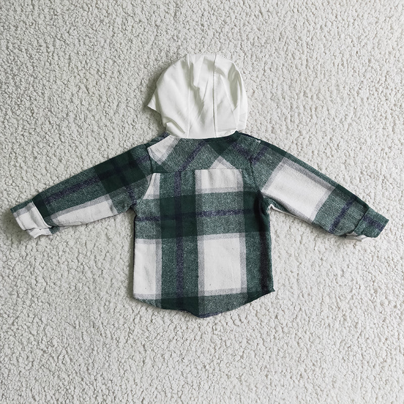 BT0075 Baby Boy Green plaid cotton shirt pocket flannel button up hoodie