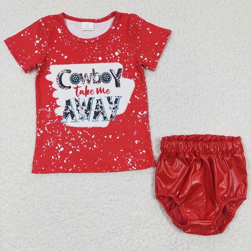 Western Cow Baby Girl Short Sleeves Take Me Away Red Leather Bummie Summer Outfit