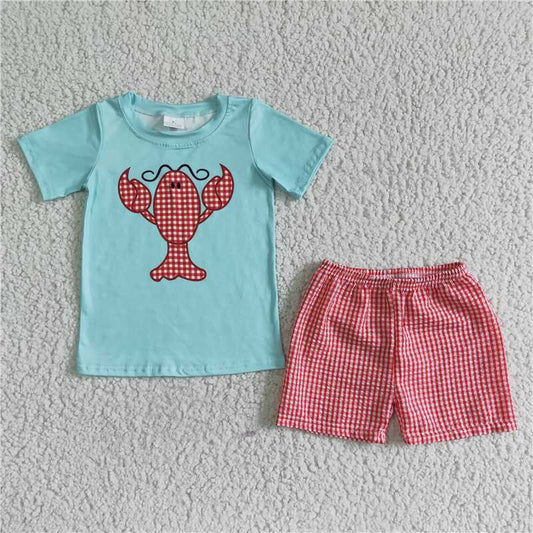 A8-3 Baby Boy Summer Crawfish Red Plaid Shorts Outfit