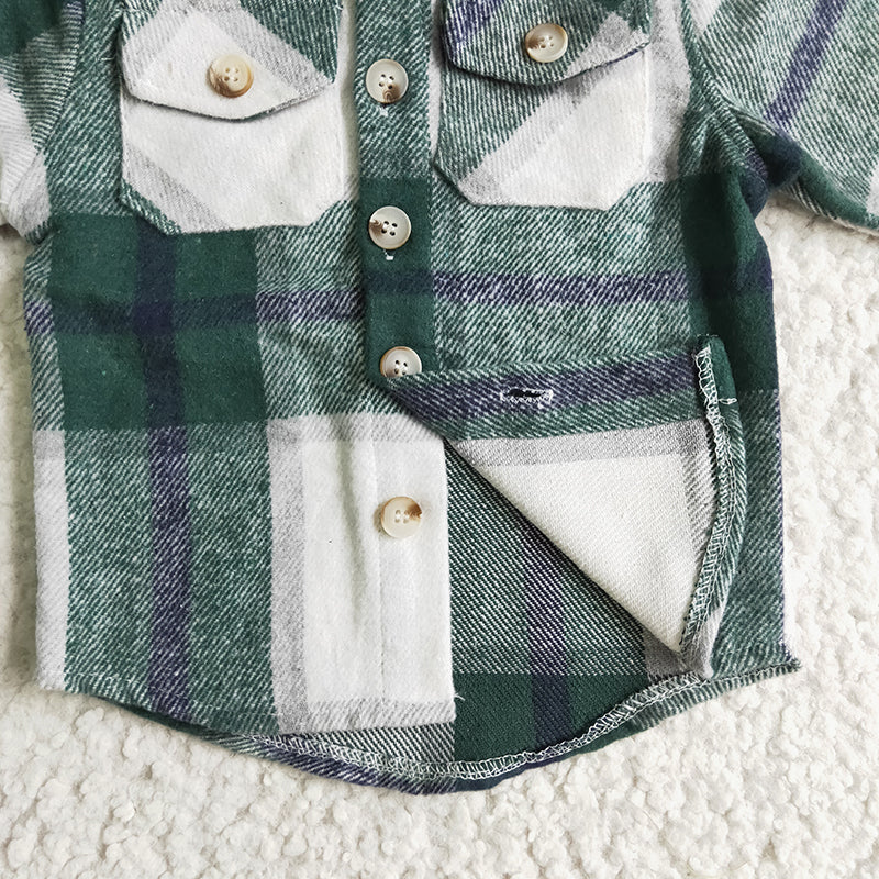 BT0075 Baby Boy Green plaid cotton shirt pocket flannel button up hoodie