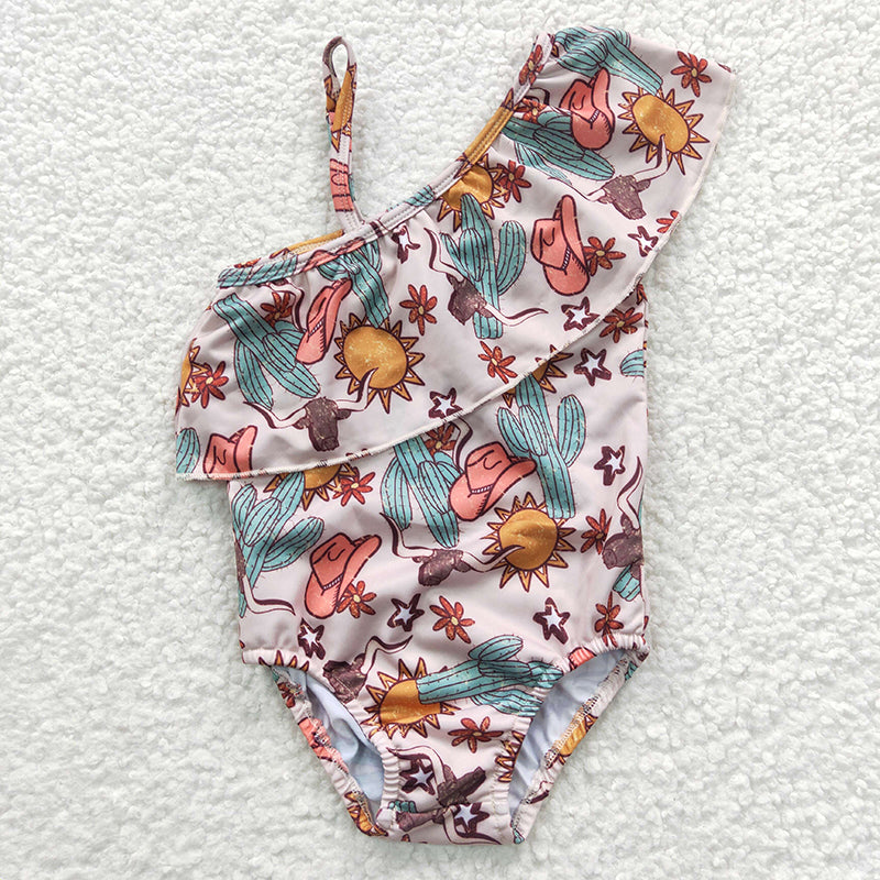 S0136 Baby Girl Western Cow Cactus Summer Swimsuit One Piece