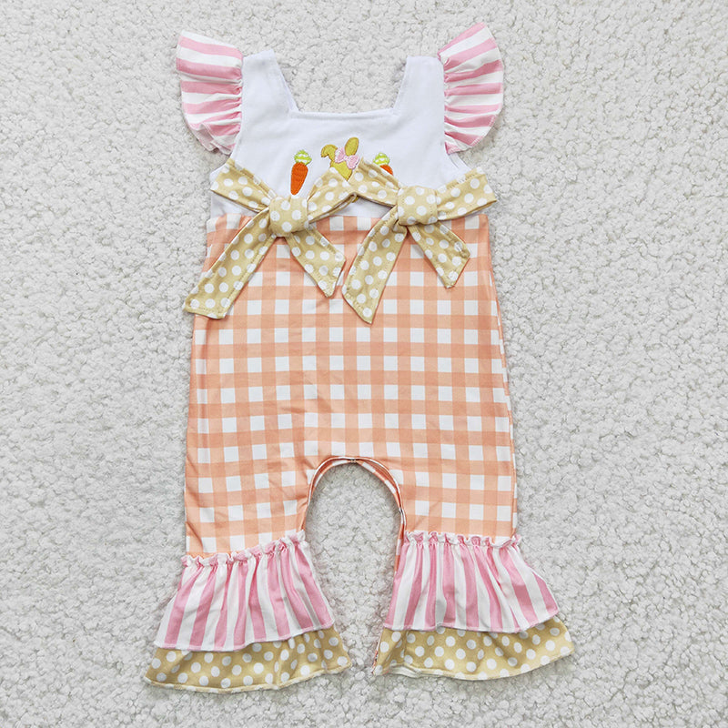 SR0129 Baby Girl Embroidery Rabbit Carrot Plaid Easter Romper