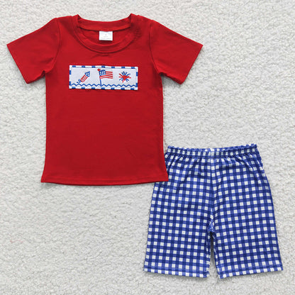 BSSO0176 July 4th Baby Boy Red Cotton Embroidery Flag Shirt Plaid Shorts Summer Outfit