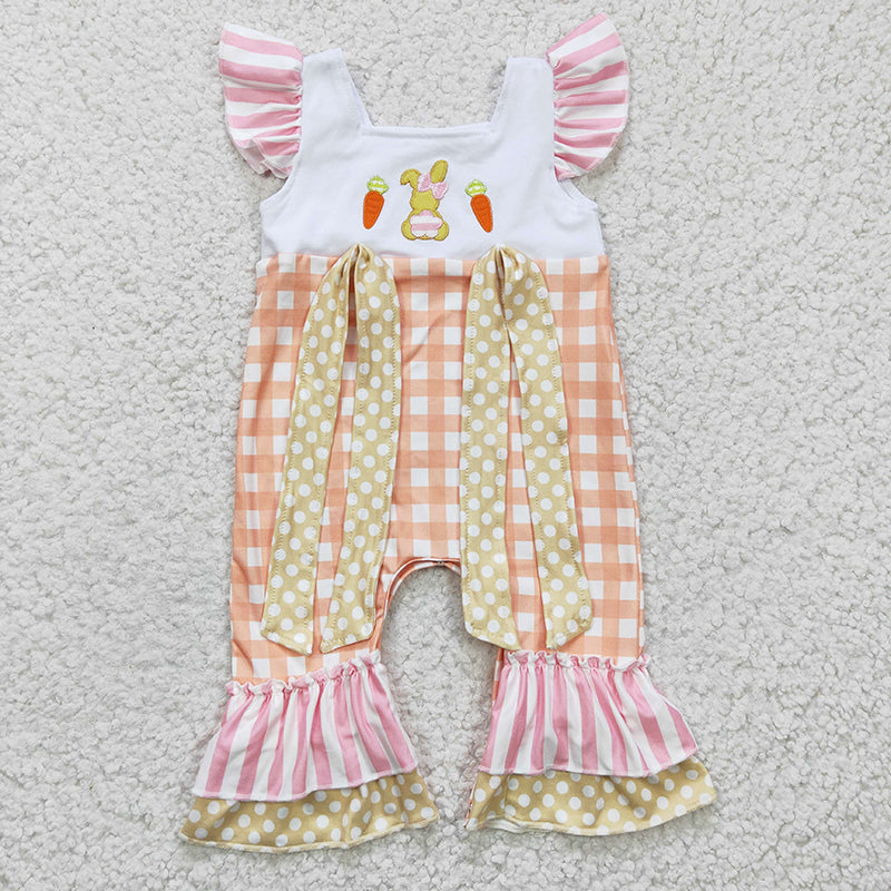 SR0129 Baby Girl Embroidery Rabbit Carrot Plaid Easter Romper