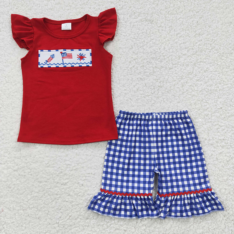 BSSO0176 July 4th Baby Boy Red Cotton Embroidery Flag Shirt Plaid Shorts Summer Outfit