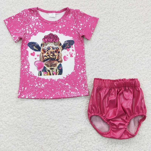 Western Baby Girl Short Sleeves Cow Heart Shirt Leather Bummie Summer Outfit