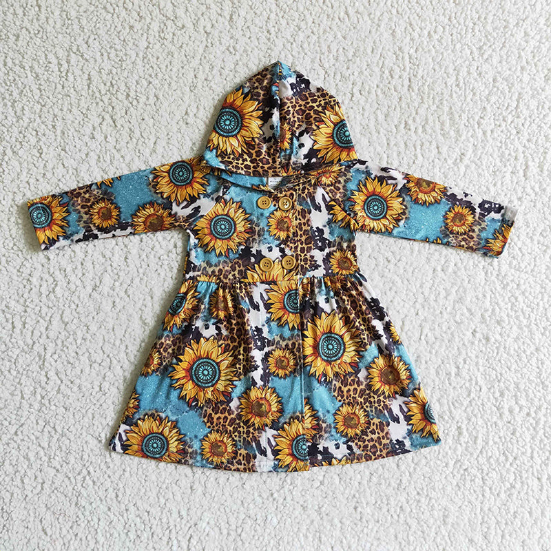 GT0028 Baby Girl Western Sunflower Leopard Hoodie Dress Coat