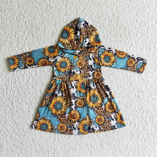 GT0028 Baby Girl Western Sunflower Leopard Hoodie Dress Coat