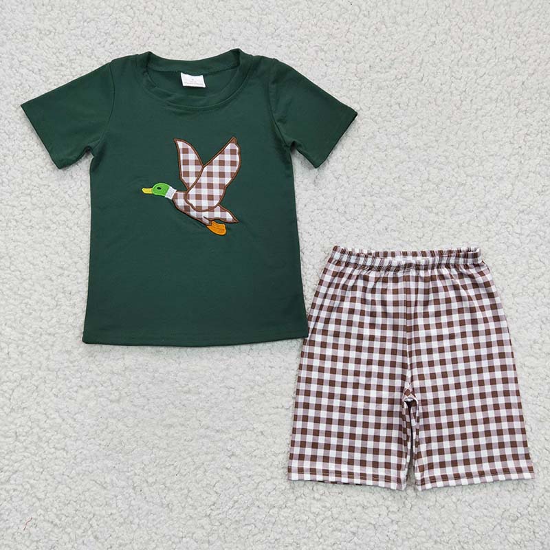 BSSO0117 Baby Boy Duck Embroidery Plaid Shorts Summer Cotton Outfit