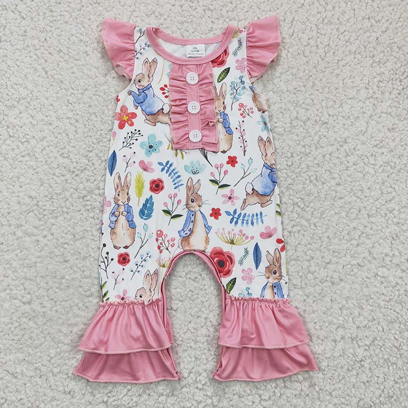 SR0198 Baby Girl Easter Short Sleeves Rabbit Bunny Floral Romper