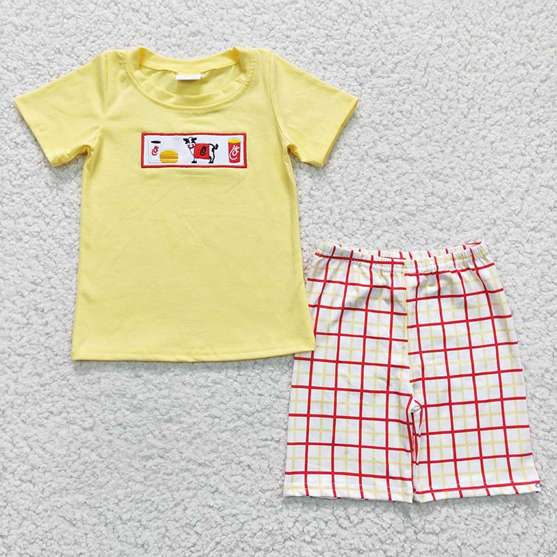 BSSO0112 Baby Boy Embroidery Hamburger Cow Plaid Shorts Cotton Summer Outfit