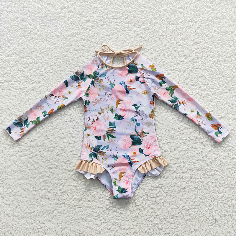 S0085 Baby Girl Floral Long Sleeves One Piece Swimsuit Outfit