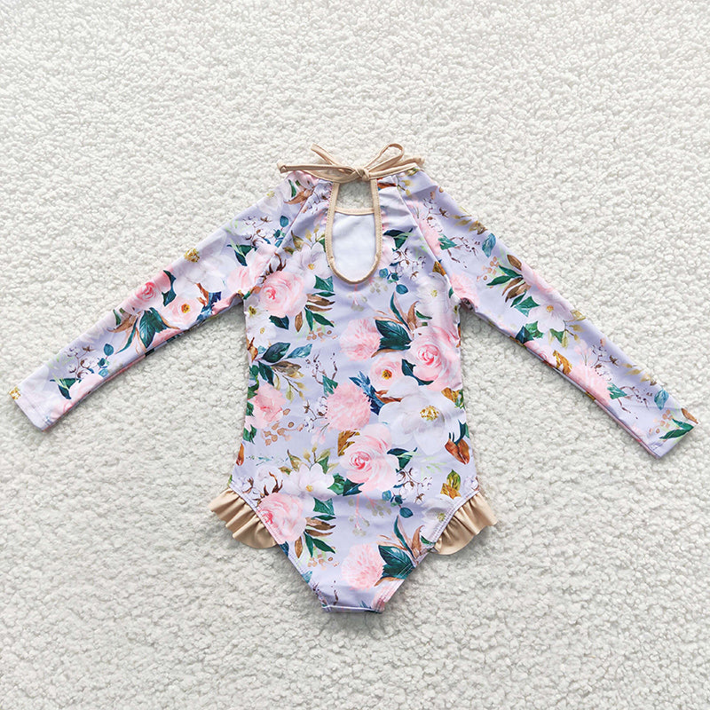 S0085 Baby Girl Floral Long Sleeves One Piece Swimsuit Outfit