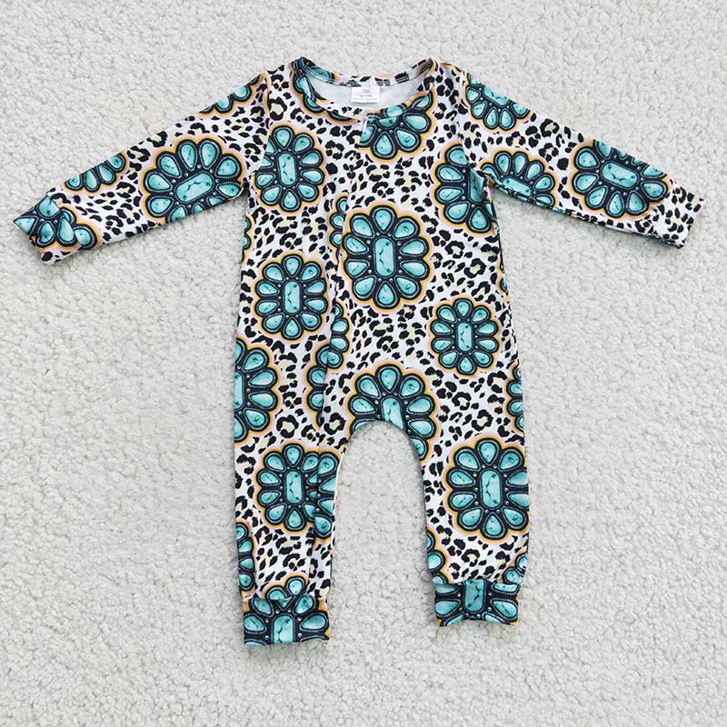 LR0254 Baby Girl Turquoise Leopard Romper